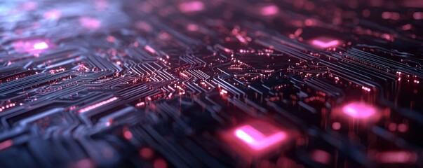 A close-up view of a circuit board with glowing pink and purple lights, showcasing a futuristic technological design.