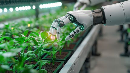 Robotic Arm Tending to Vibrant Green Plants Under Bright Lights