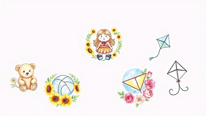 Fototapeta premium Adorable Girl Teddy Bear Ball Kites Childish Delightful Watercolor Illustration