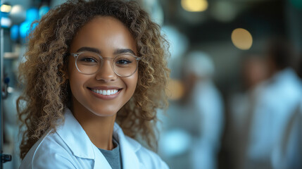 Group of diverse engineers and scientists collaborating in a modern research facility during a project presentation