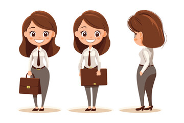 set of Business woman holding a briefcase, smiling, Flat style cartoon vector illustration