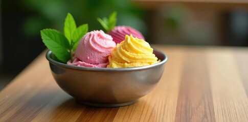 Light brown wooden table holds a shallow metal bowl with colorful swirled ice cream and fresh green leaves, treat, table,