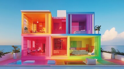 Fototapeta premium Colorful modular house on oceanfront with vibrant rooms visible.