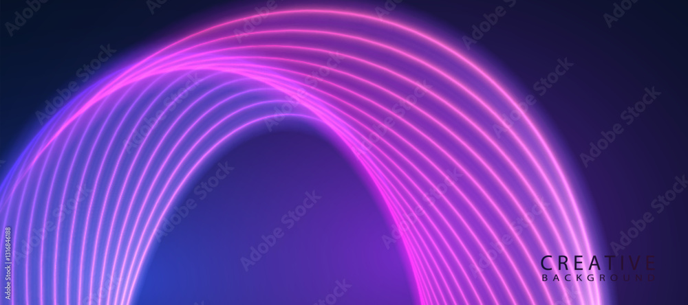 Poster Abstract background. Curved glowing arcs in purple-pink tones on a dark background. Dynamic abstract light effect with smooth geometry.