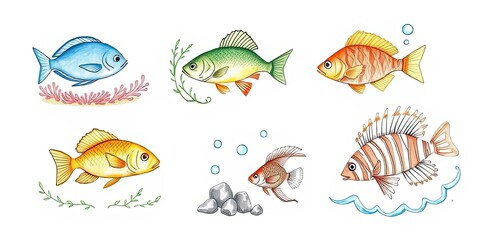 Naklejka premium Colorful Fish Illustration Aquarium Underwater Marine Life Tropical Fish Ocean Sea Nature Cartoon