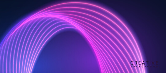 Abstract background. Curved glowing arcs in purple-pink tones on a dark background. Dynamic abstract light effect with smooth geometry. © Valeriia