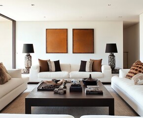 Modern minimalist living room with white sofas, dark wood coffee table, and earth-toned decor.