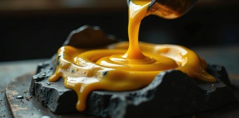 Liquid gold pours into waiting graphite mold slowly, sculpting, liquid gold, pour