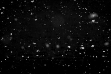 Texture of natural falling snow on black background.