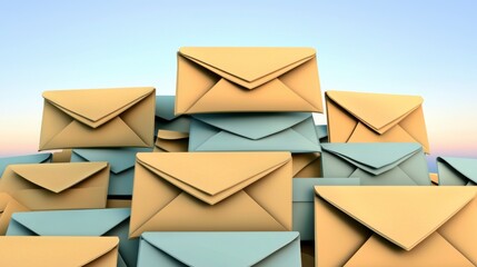 Many Tan and Light Blue Envelopes Piled High Against a Soft Sky