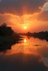 Obraz premium Sunset Over the Tranquil River Delta: A Serene Landscape with Warm Hues and the Enchanting Glow of Fading Light