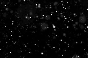 Texture of natural falling snow on black background.
