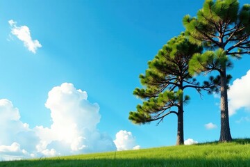 Obraz premium Pine trees rise above the ground in the clear blue sky with light and airy clouds, nature, branch