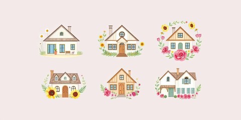 Naklejka premium Charming Watercolor Houses with Flowers Home Sweet Home Illustrations
