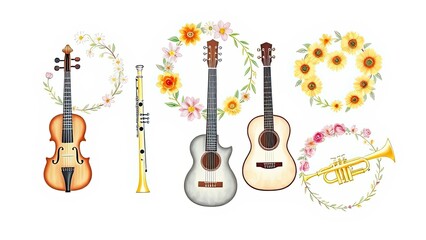 Fototapeta premium Floral Music Instruments Violin Flute Guitar Trumpet