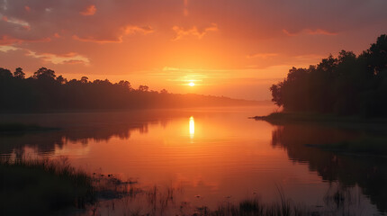Fototapeta premium Sunset Over the Tranquil River Delta: A Serene Landscape with Warm Hues and the Enchanting Glow of Fading Light
