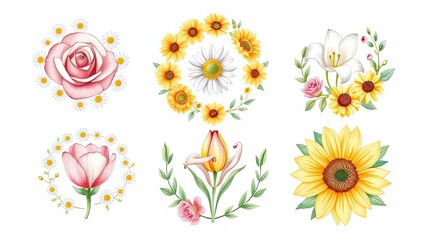 Floral Designs Roses Lilies Sunflowers Daisies Tulips Watercolor Illustrations