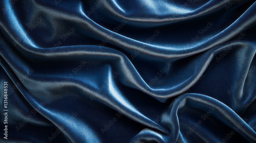 Poster Smooth and flowing deep blue satin fabric cascades and folds over itself, creating an elegant texture that shimmers as it catches the light, evoking a sense of luxury and sophistication