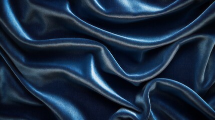 Fototapeta premium Smooth and flowing deep blue satin fabric cascades and folds over itself, creating an elegant texture that shimmers as it catches the light, evoking a sense of luxury and sophistication