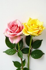 Obraz premium Pink and yellow rose flowers side by side on a white surface, by, arrangement, yellow