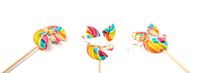Broken color lollipop, spiral candy on stick, colorful striped lollypop, round fruit caramel,...
