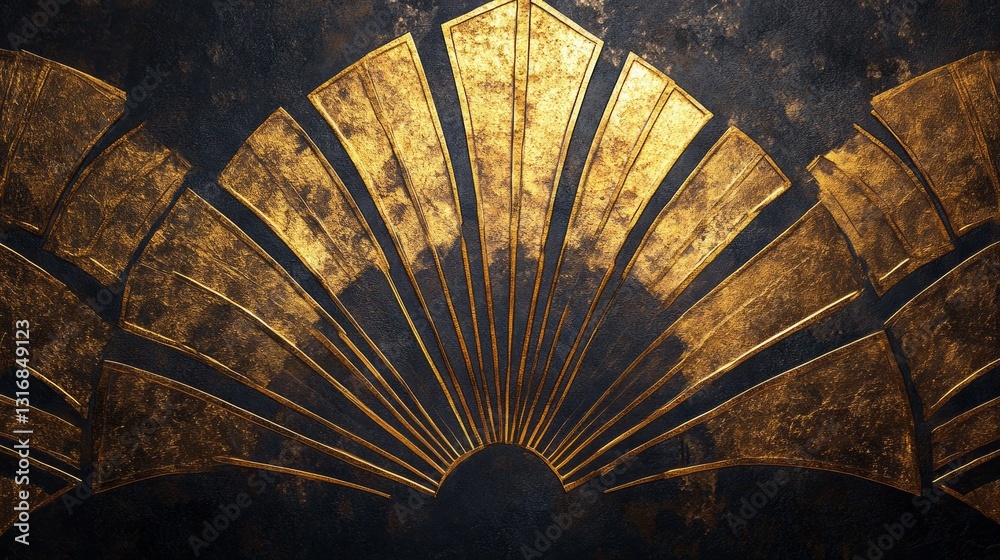 Poster Intricate golden fan shapes form a stunning decorative pattern against a rich, textured backdrop, creating a luxurious atmosphere filled with sophistication and style