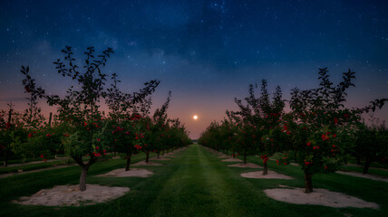A peaceful orchard under a starlit sky with the moon rising in the distance.