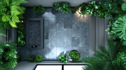 Fototapeta premium A top-down view of a stylish walk-in shower with anti-slip tile flooring.