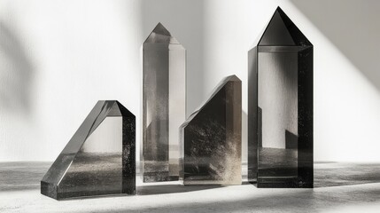 Geometric black glass 3D elements arranged in a minimalistic, abstract composition, high contrast with soft lighting 
