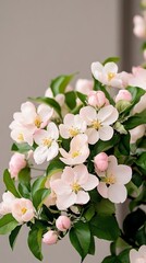 Fototapeta premium Elegant Bees buzzing around clusters of pink apple blossoms pollinating the trees under a sunny spring sky symbolizing renewal and growth 
