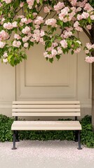 Elegant Bench beneath an apple tree in full bloom with petals falling like confetti offering a peaceful spot to enjoy springs beauty 