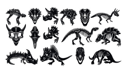 Jurassic reptile engraving sticker, vector dinosaur skeleton linocut print set, tattoo dino skull, reptor head, prehistoric archaeology fossil icon, triceratops silhouette © aura studio