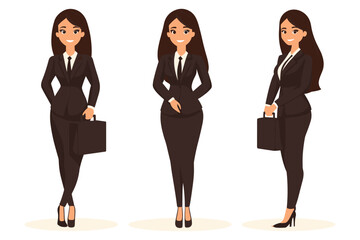 set of Business woman holding a briefcase, smiling, Flat style cartoon vector illustration