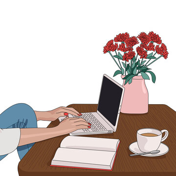 Woman Typing on Keyboard in a Cozy Workspace with Coffee, Notepad, Flowers and Laptop. Illustration Concept of  Home Office, Study, Technology, Female Business, and Entrepreneurship