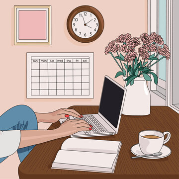 Minimalist Workspace with Flowers, Calendar and Clock Illustration