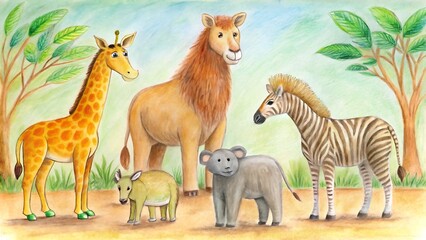 Colorful Drawing of Wild Animals Including Giraffe, Lion, Zebra, Elephant, and Kangaroo in a Vibrant Safari Setting