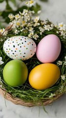 Obraz premium Elegant Close up of brightly colored Easter eggs dyed with vibrant pastel hues placed in a basket lined with green grass and spring flowers 