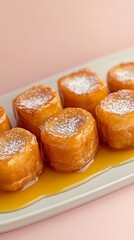 Elegant Close up of torrijas a traditional Spanish Easter dessert similar to French toast sprinkled with cinnamon and drizzled with honey 