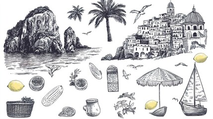 Italian amalfi or sicily summer vacation doodle style illustration set. Vector ink hand drawn Italy coast sea, beach and lemons elements. Sea weekend collection for invitations, placards, posters.