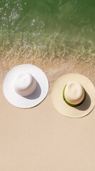 Elegant Couple lying side by side on a beach sun hats shading their faces as waves gently approach their feet relaxation in paradise 