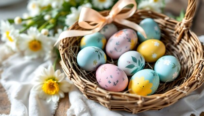 Rustic wicker basket filled with hand-painted Easter eggs, tied with a pastel ribbon, placed on a wooden table with fresh spring flowers. Soft natural lighting enhances the festive charm.
