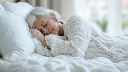 Elderly woman peacefully sleeping in bed, cozy sweater. Illustrates comfort, relaxation, and peaceful aging.