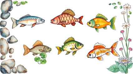 Colorful Fish Illustration Aquatic Life Pond Koi Carp Trout Water Plants Stones Nature
