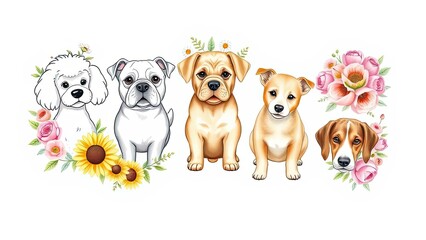 Obraz premium Adorable Puppies with Flowers Dog Breed Illustration Cute Pets Floral Design