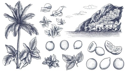 Italian amalfi or sicily summer vacation doodle style illustration set. Vector ink hand drawn Italy coast sea, beach and lemons elements. Sea weekend collection for invitations, placards, posters.
