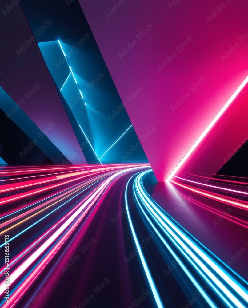 Poster Neon Lights Tunnel with Motion Blur, Abstract Background. Dynamic and modern composition with vibrant colors