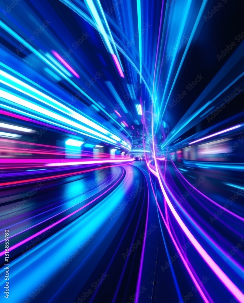 Poster an abstract visual that simulates rapid movement using vibrant light trails in blue and pink colors.
