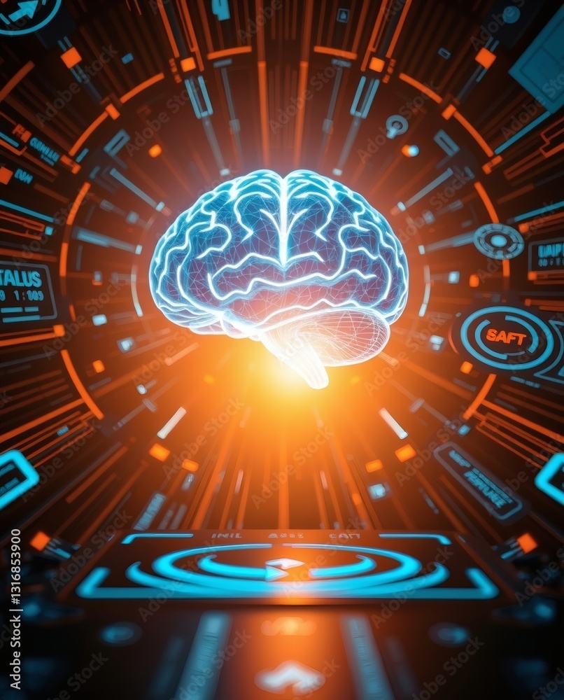 Poster a digital depiction of a glowing brain, with data and technology interfaces
