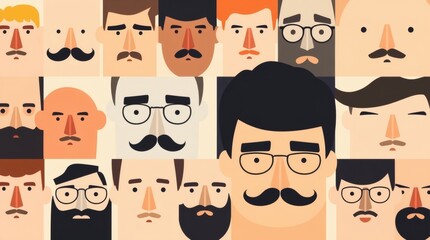 a variety of stylized faces of men with mustaches and different hairstyles in a pattern