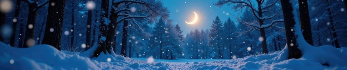 Snowflakes gently fall on a peaceful forest at night under the soft glow of the crescent moon's illumination, snowy evening, moonlit woods